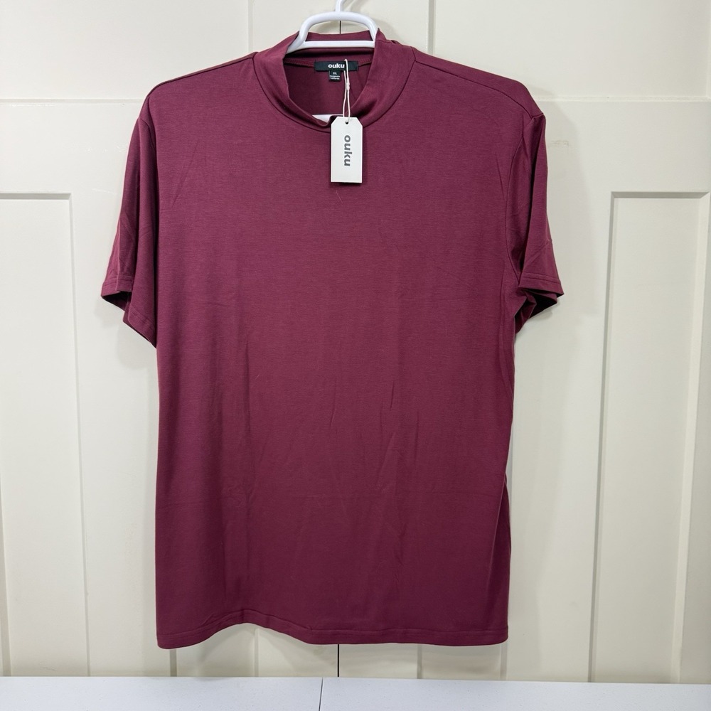 Ouku Men's 3XL Burgundy Short Sleeve Mock Neck Shirt Comfort Stretch Soft